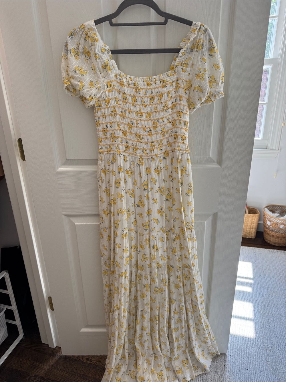 Stories Smocked Puff Sleeve Maxi Dress in White with Yellow Floral Print